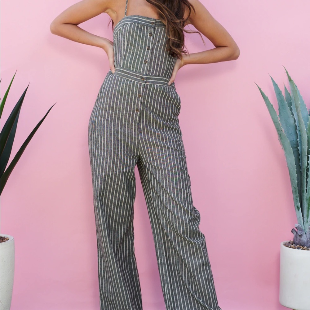 Nanamacs Grey and white stripped Jumpsuit size large